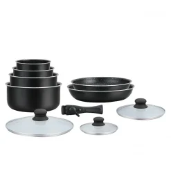 Batterie de cuisine revêtement pierre avec manche amovible 10 pieces noir Hagen HA04630-BLK