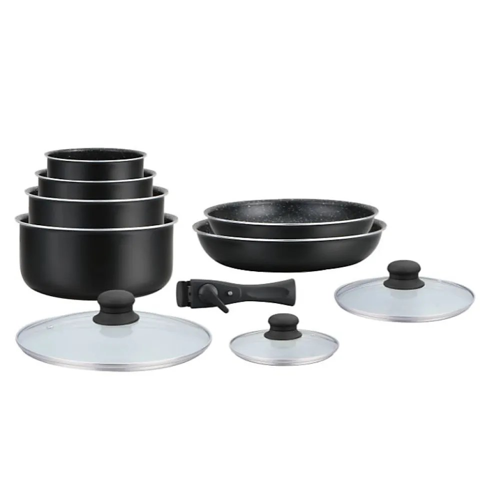 Batterie de cuisine revêtement pierre avec manche amovible 10 pieces noir Hagen HA04630-BLK