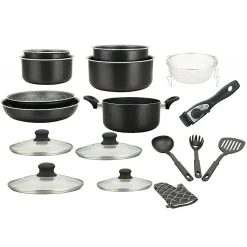 Batterie de cuisine revêtement pierre avec manche amovible 17 pièces noir Herzberg HG8055-BLK