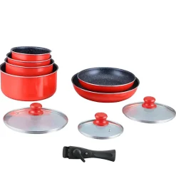 Batterie de cuisine revêtement pierre avec manche amovible 10 pieces rouge Hagen HA04623-RED