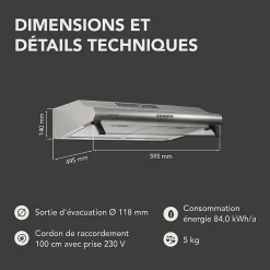 BELDEKO - Hotte Casquette / Visière 60 cm INOX 240 m3/h 2 Filtres à charbon