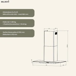BELDEKO - Hotte Décorative Murale 90 cm en Verre et Noir - Moteur 200 W, Puissance d'extraction 559 m3/h