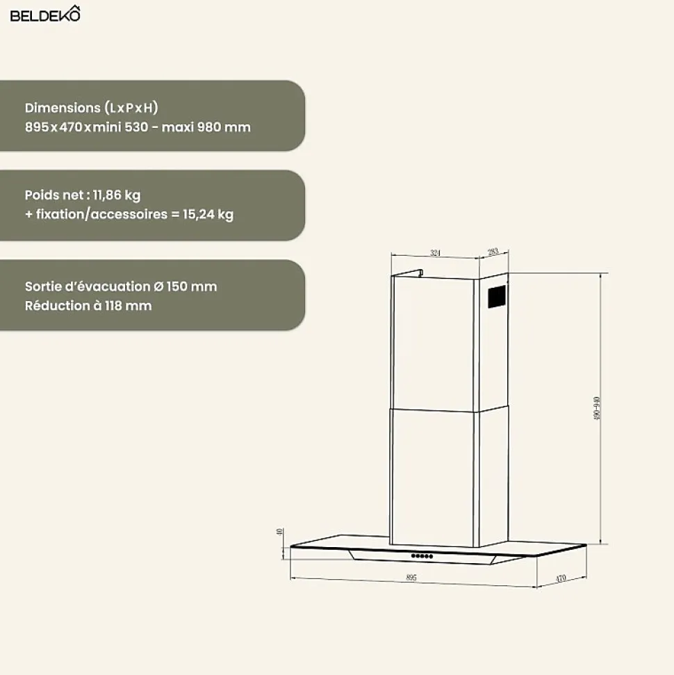BELDEKO - Hotte Décorative Murale 90 cm en Verre et Noir - Moteur 200 W, Puissance d'extraction 559 m3/h