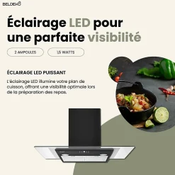 BELDEKO - Hotte Décorative Murale 90 cm en Verre et Noir - Moteur 200 W, Puissance d'extraction 559 m3/h