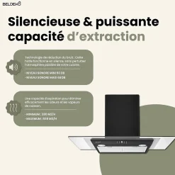 BELDEKO - Hotte Décorative Murale 90 cm en Verre et Noir - Moteur 200 W, Puissance d'extraction 559 m3/h