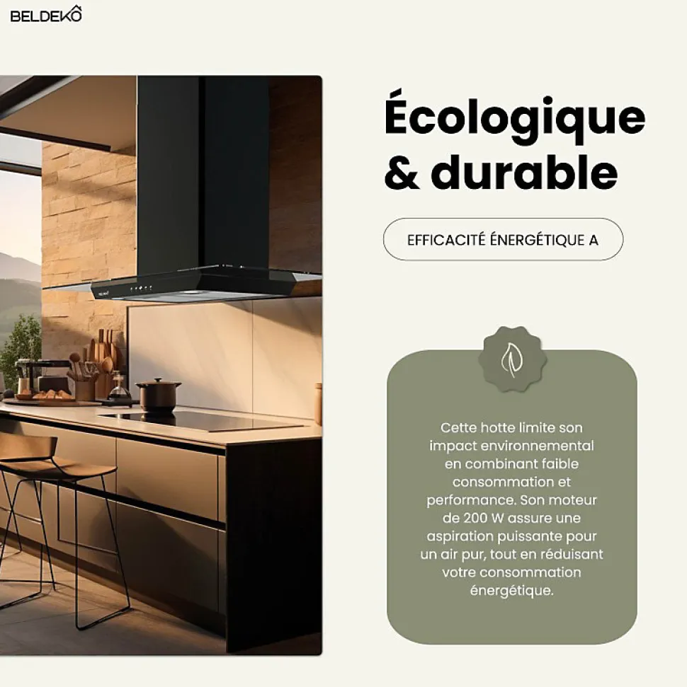 BELDEKO - Hotte Décorative Murale 90 cm en Verre et Noir - Moteur 200 W, Puissance d'extraction 559 m3/h