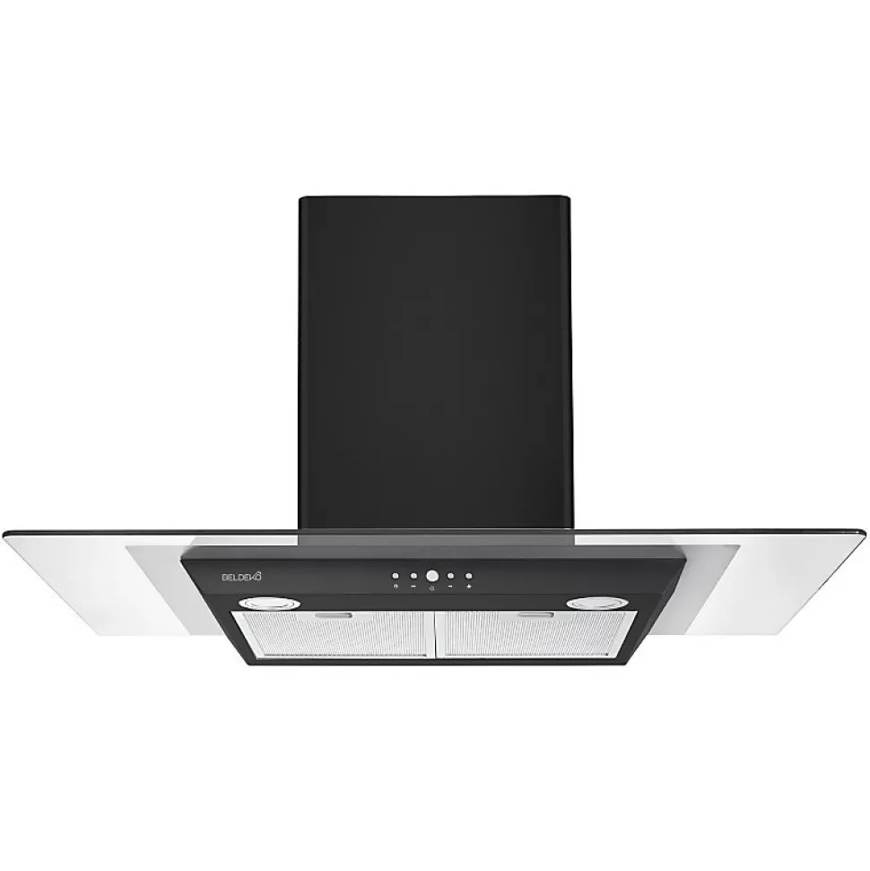 BELDEKO - Hotte Décorative Murale 90 cm en Verre et Noir - Moteur 200 W, Puissance d'extraction 559 m3/h