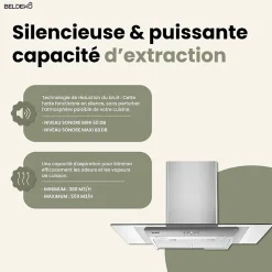 BELDEKO - HOTTE DECORATIVE MURALE 90 CM - VERRE ET INOX - 200W - Puissance d'extraction 559 m3/h