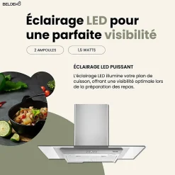 BELDEKO - HOTTE DECORATIVE MURALE 90 CM - VERRE ET INOX - 200W - Puissance d'extraction 559 m3/h