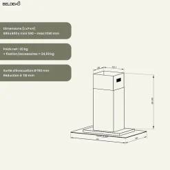 BELDEKO - Hotte îlot aspirante 90 cm INOX - Minuteur - Débit 556 m3/h - 3 vitesses - LUDIA 90 XS