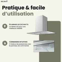 BELDEKO - Hotte îlot aspirante 90 cm INOX - Minuteur - Débit 556 m3/h - 3 vitesses - LUDIA 90 XS