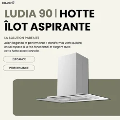 BELDEKO - Hotte îlot aspirante 90 cm INOX - Minuteur - Débit 556 m3/h - 3 vitesses - LUDIA 90 XS