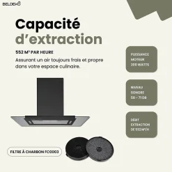 BELDEKO - Hotte îlot aspirante 90 cm NOIR - Minuteur - Débit 556 m3/h - 3 vitesses - LUDIA 90 BK
