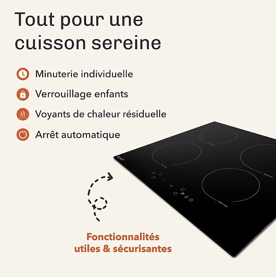 BELDEKO - Plaque De Cuisson Induction 4 zones Avec Minuterie, 7900W, 4 Boosters, verrou enfants