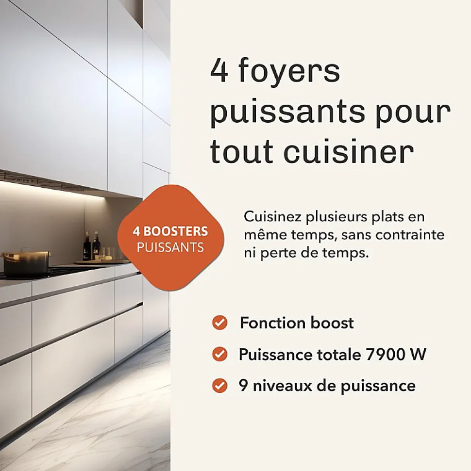 BELDEKO - Plaque De Cuisson Induction 4 zones Avec Minuterie, 7900W, 4 Boosters, verrou enfants
