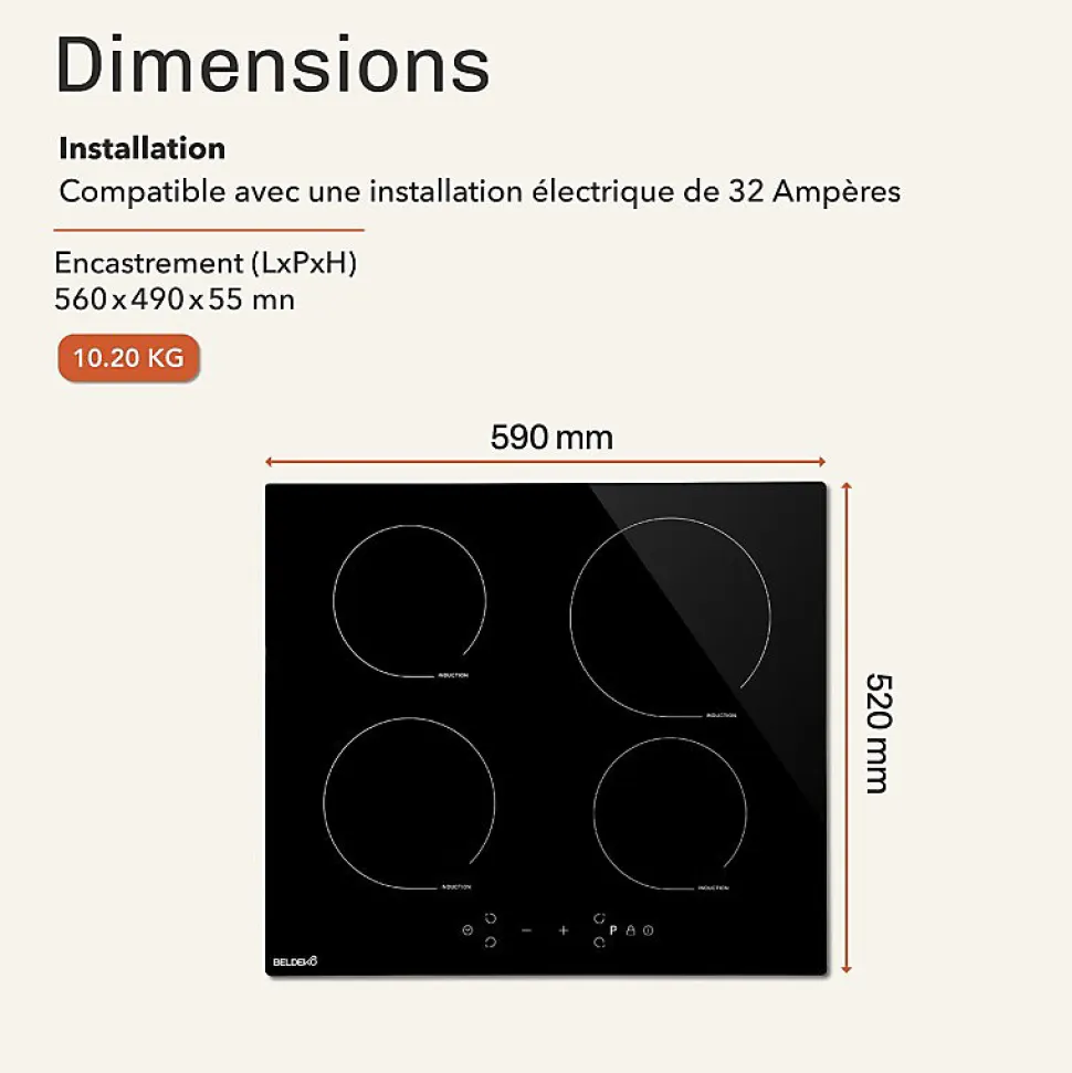 BELDEKO - Plaque De Cuisson Induction 4 zones Avec Minuterie, 7900W, 4 Boosters, verrou enfants