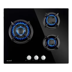 BELDEKO - Plaque de cuisson Gaz verre noir 3 foyers - Gaz ville et bouteille - grilles en fonte