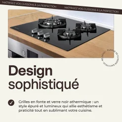 BELDEKO - Plaque de cuisson Gaz verre noir 3 foyers - Gaz ville et bouteille - grilles en fonte