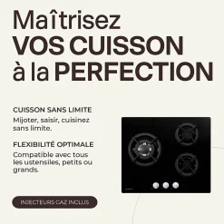 BELDEKO - Plaque de cuisson Gaz verre noir 3 foyers - Gaz ville et bouteille - grilles en fonte