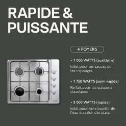BELDEKO - Plaque de cuisson gaz 4 feux Inox - 7500W - gaz de ville et bouteille - Encastrable