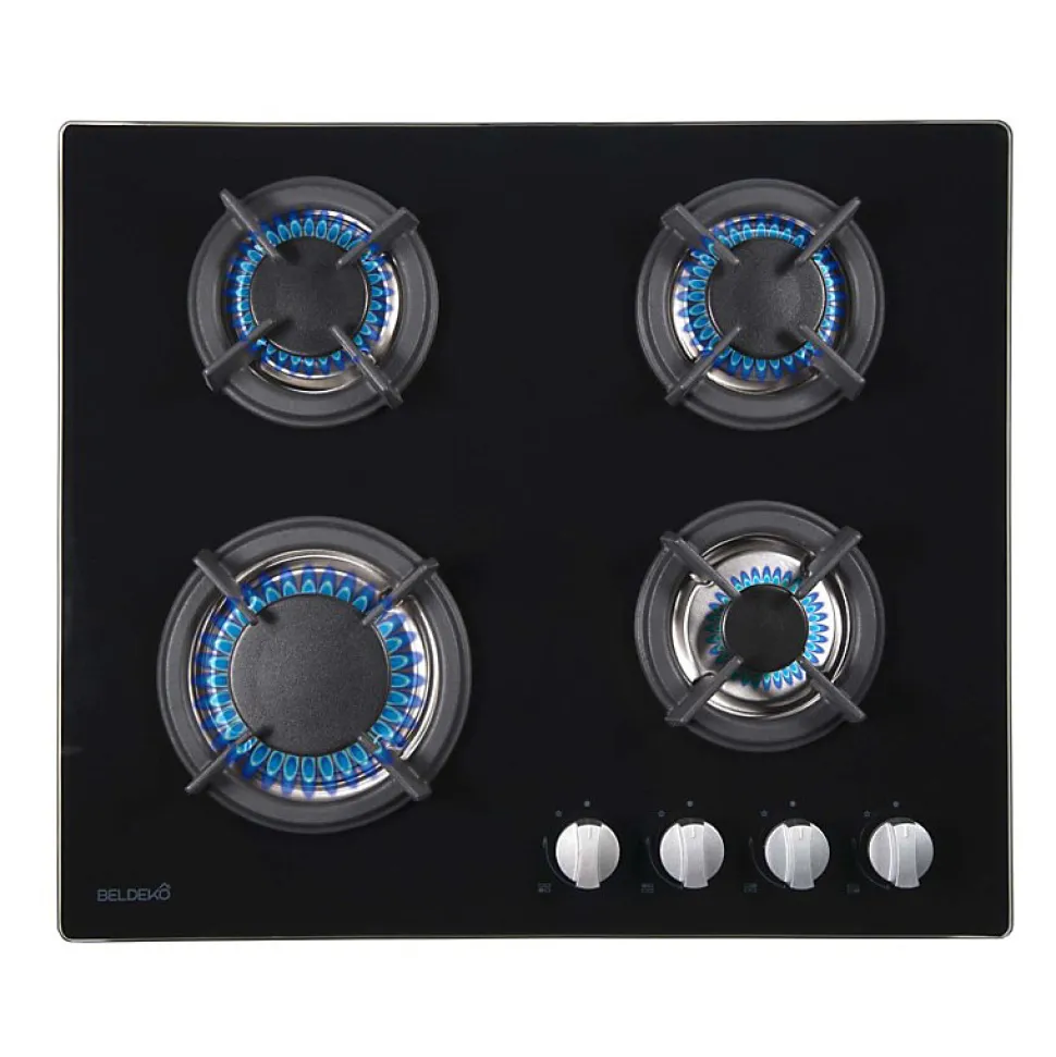 BELDEKO - Plaque de cuisson gaz 4 feux verre noir - 7500W - Grille fonte