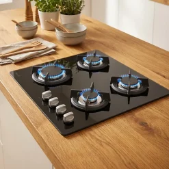 BELDEKO - Plaque de cuisson gaz 4 feux verre noir - 7500W - Grille fonte