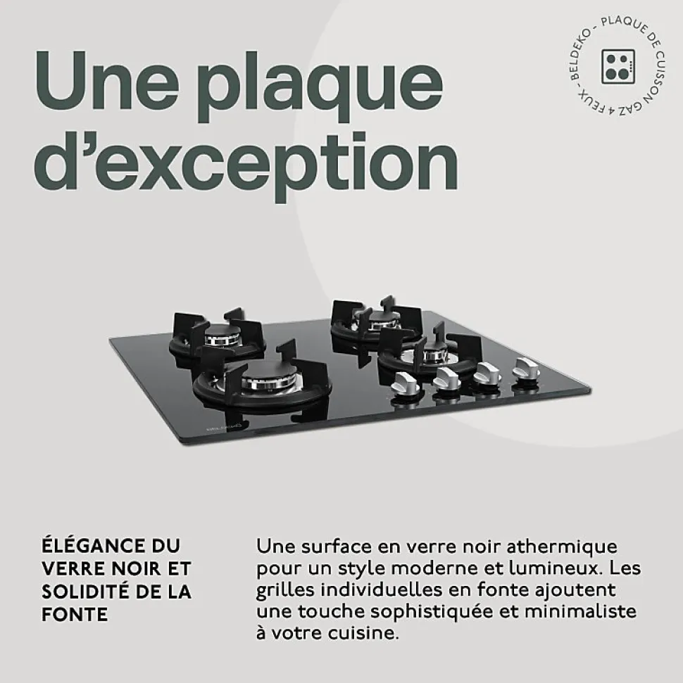 BELDEKO - Plaque de cuisson gaz 4 feux verre noir - 7500W - Grille fonte