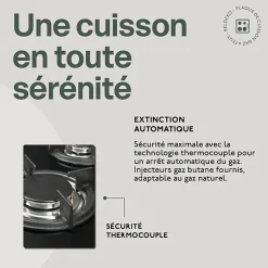 BELDEKO - Plaque de cuisson gaz 4 feux verre noir - 7500W - Grille fonte
