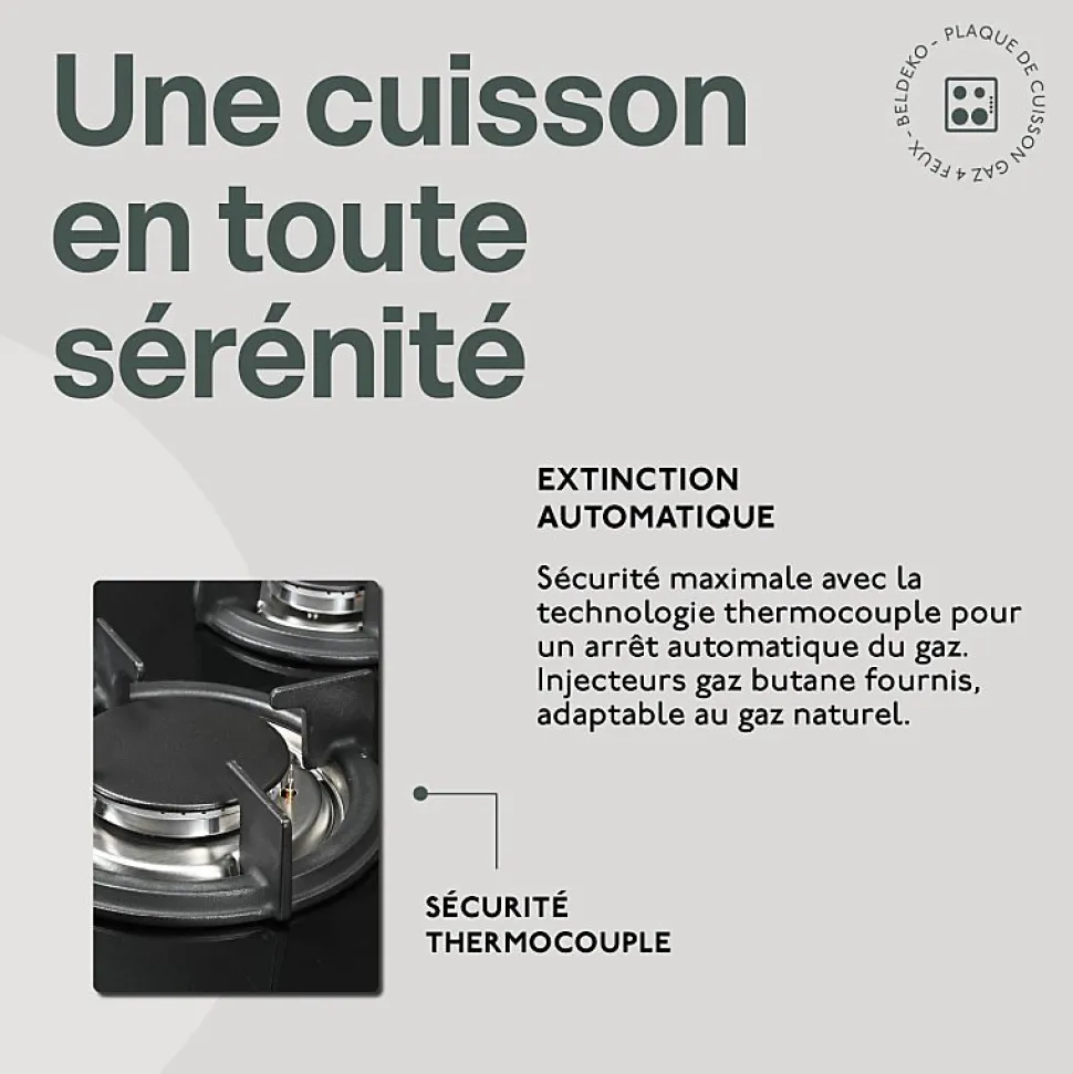 BELDEKO - Plaque de cuisson gaz 4 feux verre noir - 7500W - Grille fonte