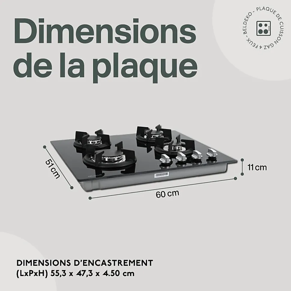 BELDEKO - Plaque de cuisson gaz 4 feux verre noir - 7500W - Grille fonte
