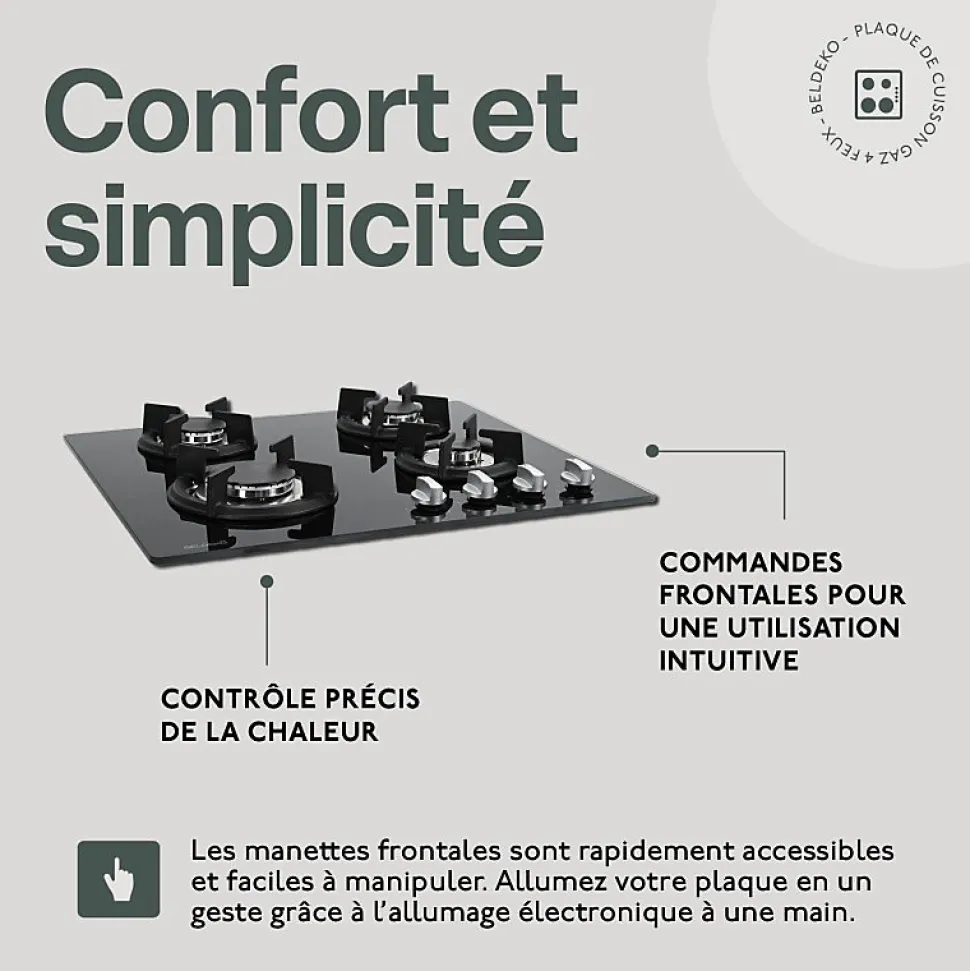 BELDEKO - Plaque de cuisson gaz 4 feux verre noir - 7500W - Grille fonte