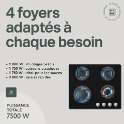 BELDEKO - Plaque de cuisson gaz 4 feux verre noir - 7500W - Grille fonte
