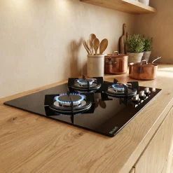 BELDEKO - Plaque de cuisson Gaz verre noir 3 zones - 5250 W - Gaz ville et bouteille - Grilles en fonte