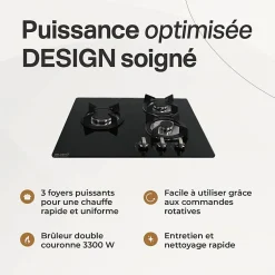 BELDEKO - Plaque de cuisson Gaz verre noir 3 zones - 5250 W - Gaz ville et bouteille - Grilles en fonte