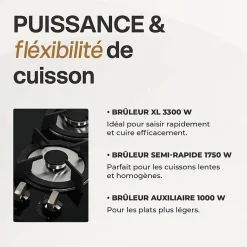 BELDEKO - Plaque de cuisson Gaz verre noir 3 zones - 5250 W - Gaz ville et bouteille - Grilles en fonte