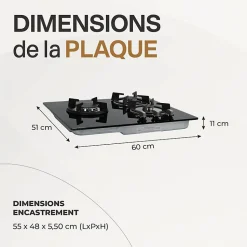 BELDEKO - Plaque de cuisson Gaz verre noir 3 zones - 5250 W - Gaz ville et bouteille - Grilles en fonte