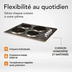 BELDEKO - Plaque de cuisson électrique fonte 4 feux encastrable, 4 foyers, 5500 W, boutons rotatifs, 6 niveaux