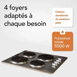 BELDEKO - Plaque de cuisson électrique fonte 4 feux encastrable, 4 foyers, 5500 W, boutons rotatifs, 6 niveaux