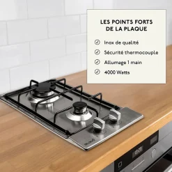 BELDEKO - Plaque Gaz 2 feux Inox - 3000W - Encastrable - Gaz ville et bouteille