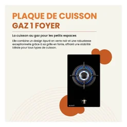 BELDEKO - Plaque Gaz verre noir - 1 Feu - encastrable - double couronne