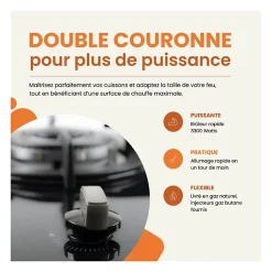 BELDEKO - Plaque Gaz verre noir - 1 Feu - encastrable - double couronne