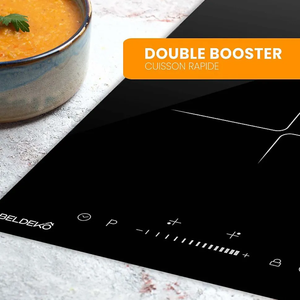 BELDEKO - Plaque Induction Encastrable 2 Foyers - Slider - 3600W avec Double Booster et Minuterie Indépendante