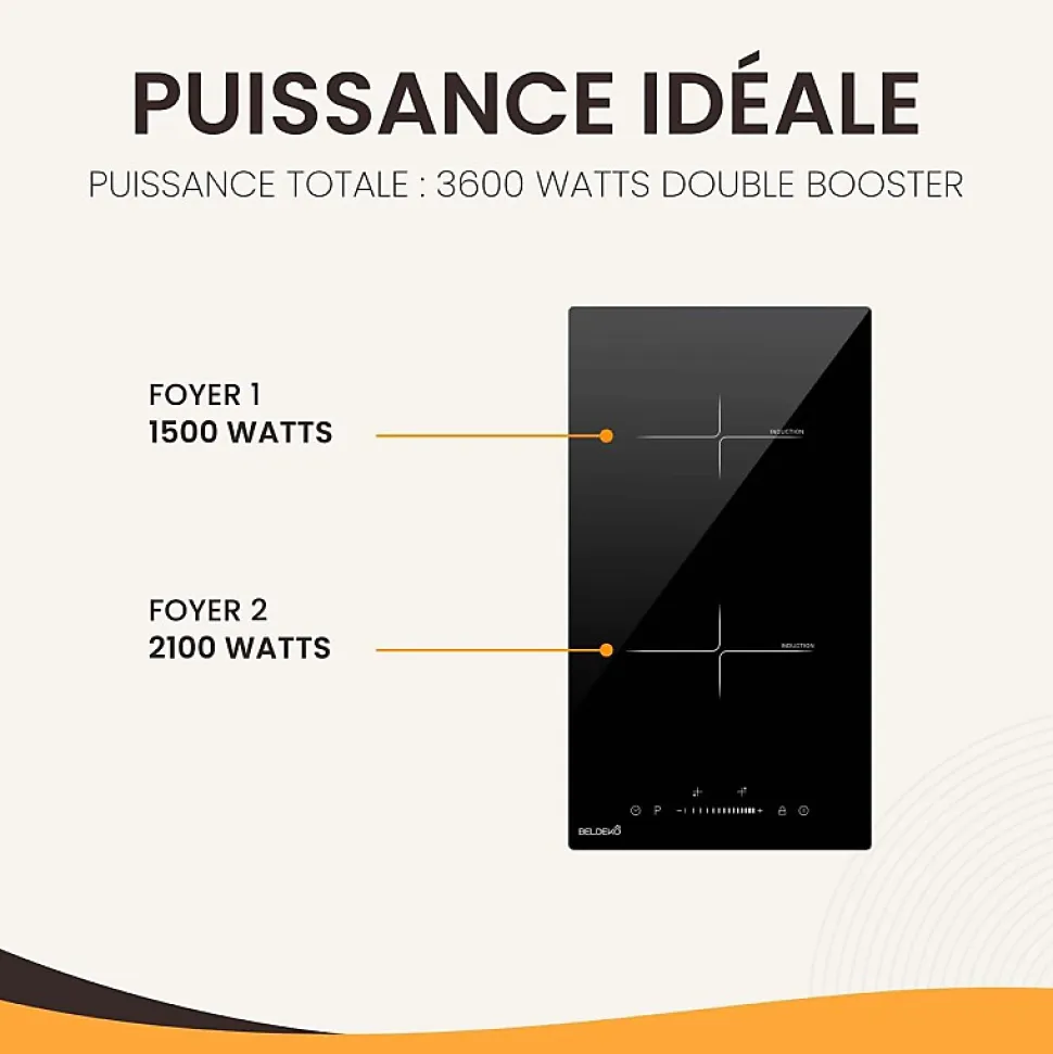 BELDEKO - Plaque Induction Encastrable 2 Foyers - Slider - 3600W avec Double Booster et Minuterie Indépendante