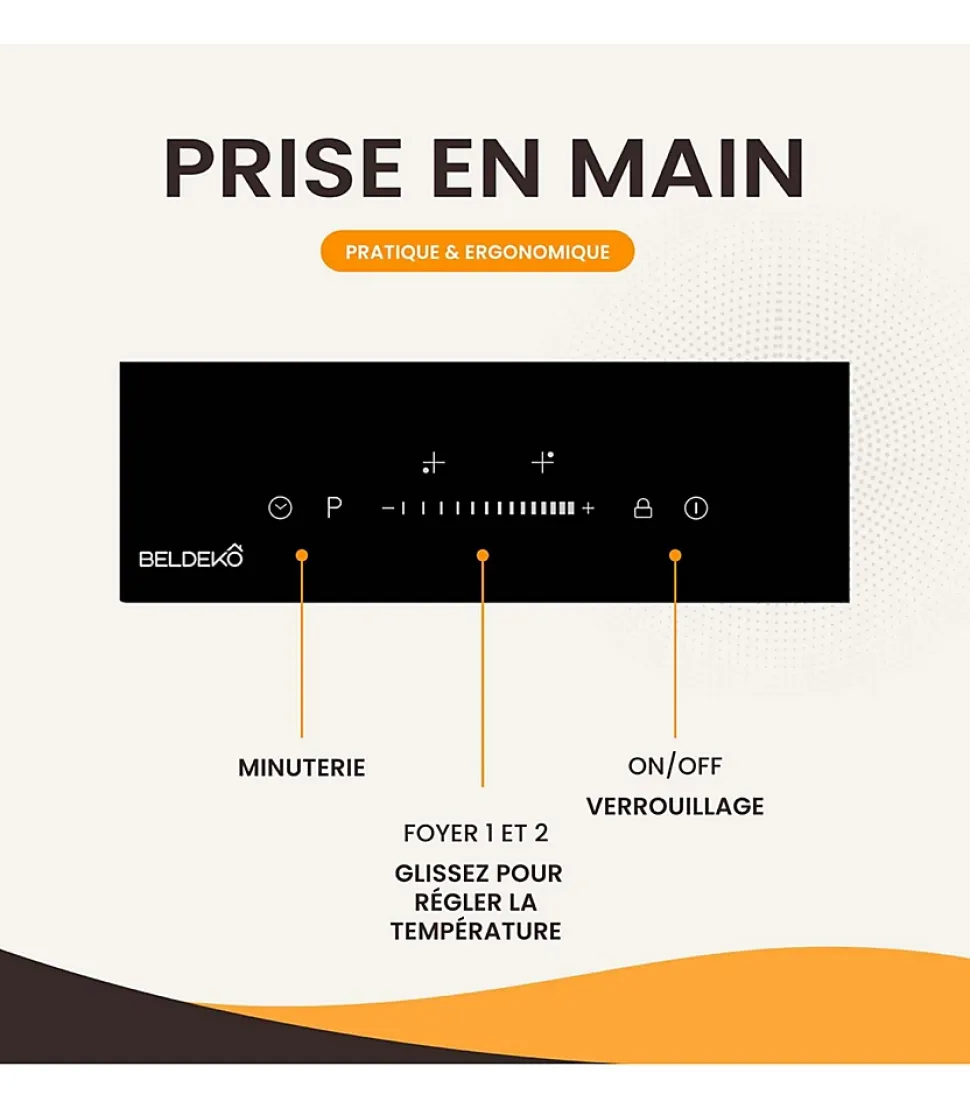 BELDEKO - Plaque Induction Encastrable 2 Foyers - Slider - 3600W avec Double Booster et Minuterie Indépendante