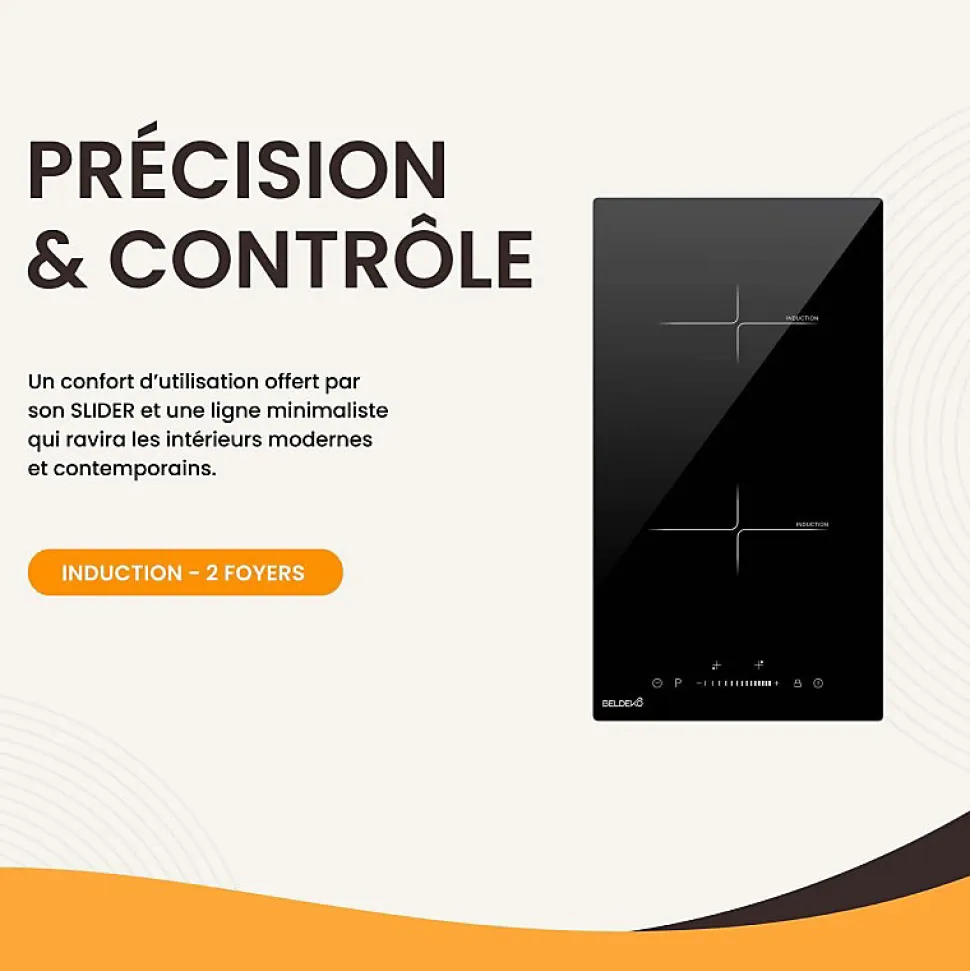 BELDEKO - Plaque Induction Encastrable 2 Foyers - Slider - 3600W avec Double Booster et Minuterie Indépendante