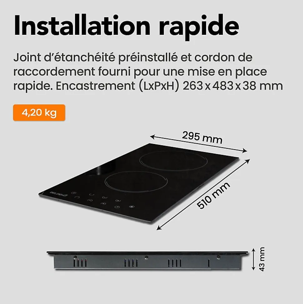 BELDEKO - Plaque Vitrocéramique 2 foyers 3000W - Minuteur, commande tactile