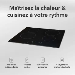 BELDEKO - Plaque Vitrocéramique 4 Feux, 6000W Vitrocéramique 4 Foyers, Plaque de Cuisson Vitrocéramique, Minuteur Multi-zones,