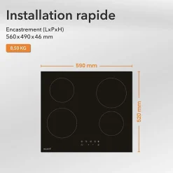 BELDEKO - Plaque Vitrocéramique 4 Feux, 6000W Vitrocéramique 4 Foyers, Plaque de Cuisson Vitrocéramique, Minuteur Multi-zones,