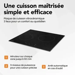 BELDEKO - Table de cuisson Vitrocéramique 3 foyers - Encastrable, Minuteur multi-zones Seulement 4,6 cm d'Épaisseur