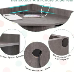 Bibliothèque angle avec Station de Charge 4 Prises 2 USB 3 Niveaux avec 9 Casiers pour Jouets Livres Gris